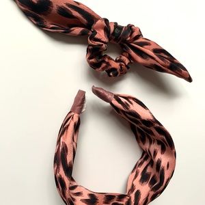 Set of 2 Pink leopard headband matching Lele Sadoughi rabbit ear scrunchie